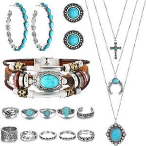 Western Jewelry Set Turquoise Pendant Necklace Earrings Leather Bracelets Ring B